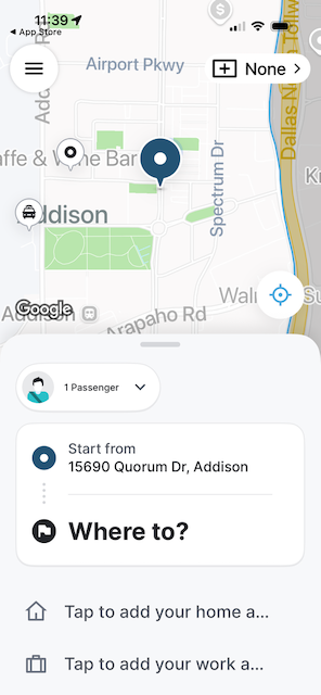 Addison Orbit app showing Addison map and ride booking